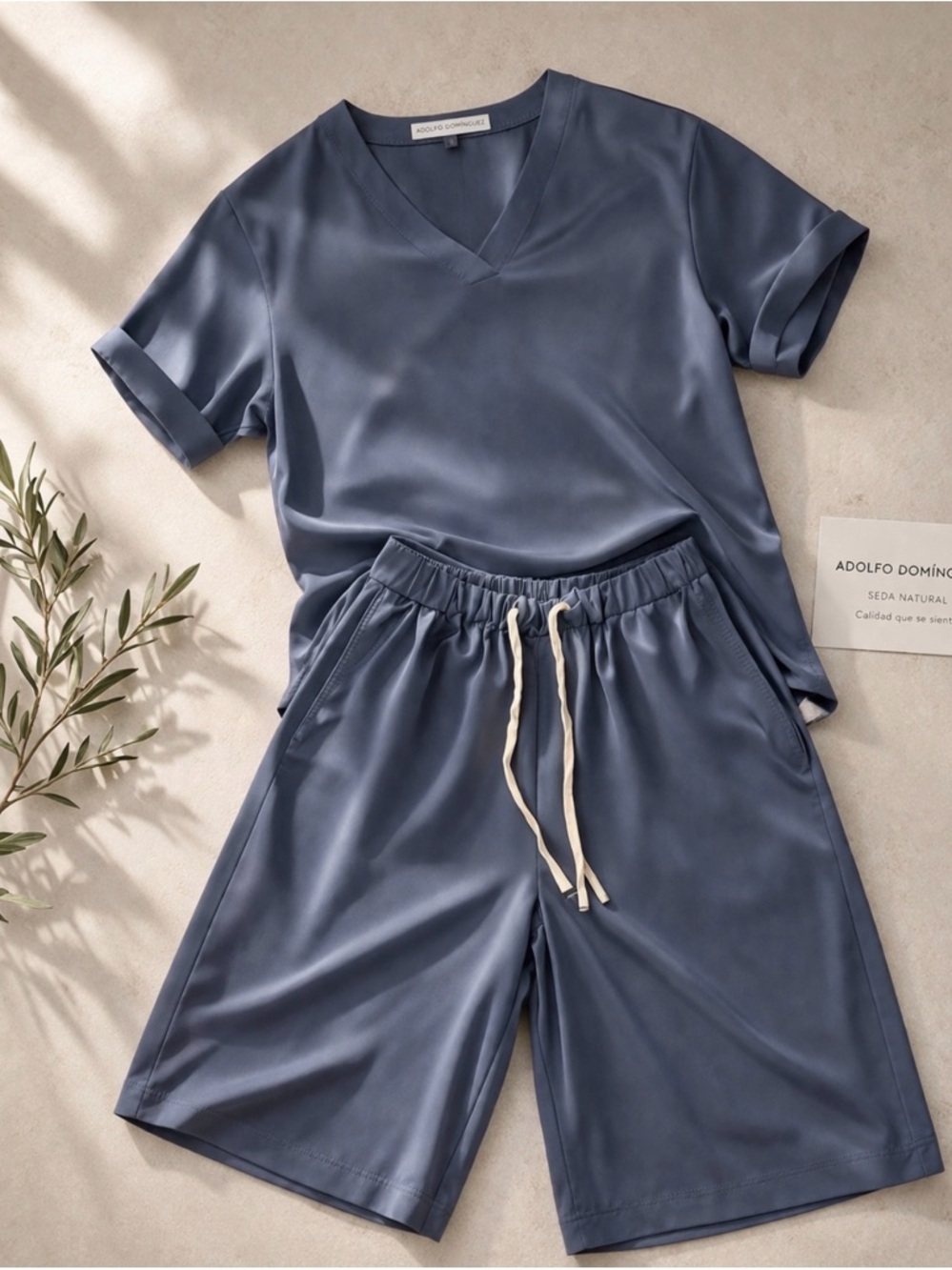 Adolfo Dominguez Slate Blue V-Neck Short Sleeve Top & Drawstring Shorts